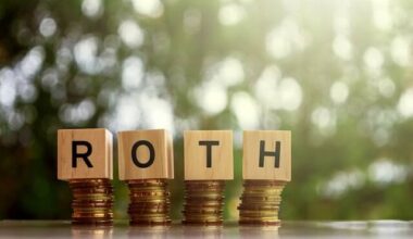 Wooden block letters sitting on the top of stacks of coins spelling the word 'Roth'