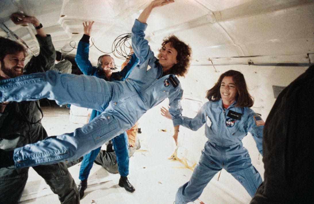 The two representatives of the Teacher in Space Program, McAuliffe (left) and Morgan (right) conducted zero gravity training to prepare for future missions.