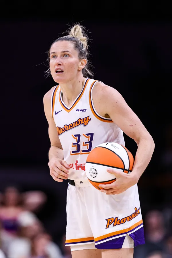 PHOENIX, ARIZONA - MAY 11: Sami Whitcomb #33 of the Phoenix Mercury looks up to the scoreboard during the second quarter against the Golden State Valkyries at PHX Arena on May 11, 2025 in Phoenix, Arizona. 
