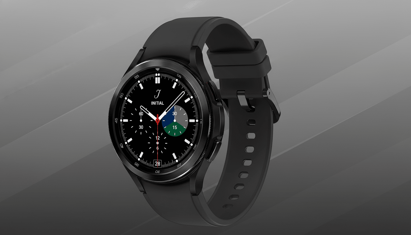 A black smartwatch with a black strap and a dark gray background with a subtle gradient.