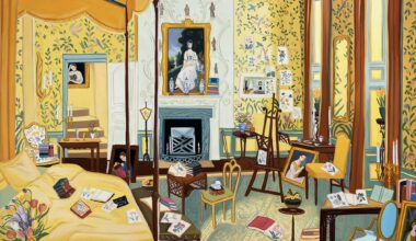 An oil and acrylic painting by Gretchen Scherer of a Georgian-era bedroom with fancy furnishings, portraits, wallpaper, and everyday items like books strewn around the room.