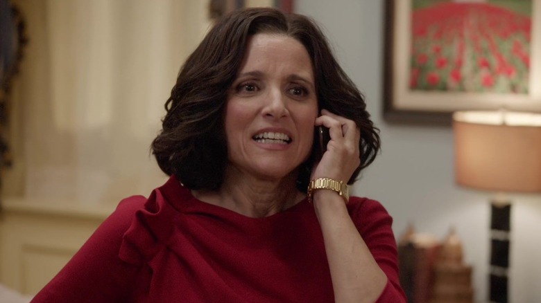 Julia Louis-Dreyfus as Selina Meyer angrily on the phone in Veep