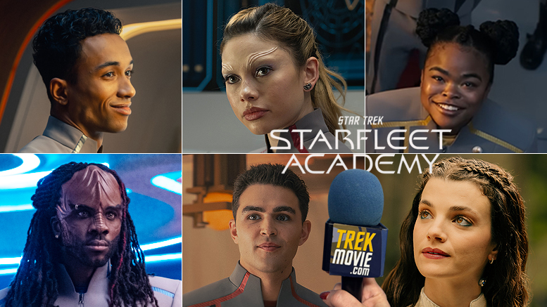 Caleb, Genesis, Sam, Jay-Den, Darem, and Tarima from Star Trek: Starfleet Academy with a TrekMovie mic in front of them