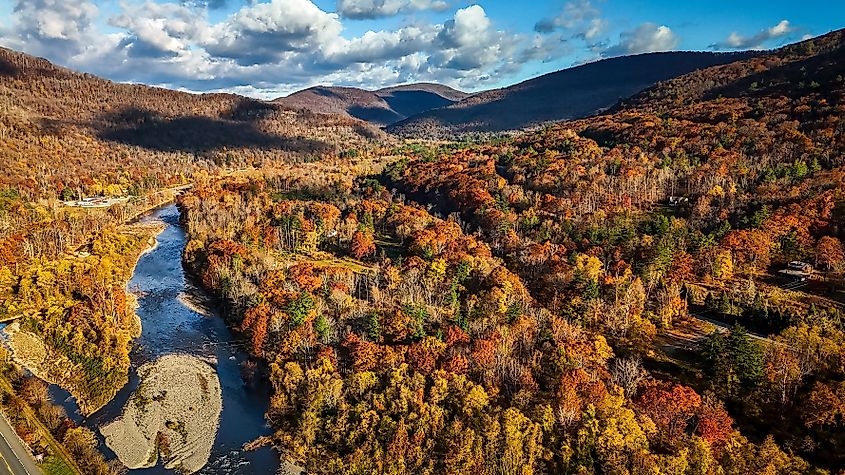 Foliage colors aerial view at Catskills Woodstock in New York at sunrise