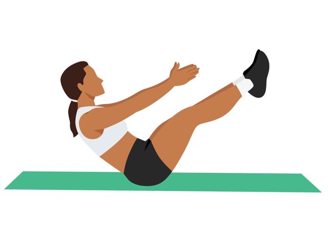Woman doing abdominal workout with v-ups exercise exercise. Flat vector illustration isolated on white background