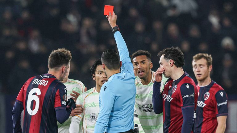 BOLOGNA, ITALY - JANUARY 22: Celtic's Reo Hatate fouls Bologna's Juan Miranda and receives his second yellow card and a red card during a UEFA Europa League 2025/26 League Phase MD7 match between Bologna and Celtic at Stadio Renato Dall'Ara, on January 22, 2026, in Bologna, Italy. (Photo by Craig Williamson / SNS Group)