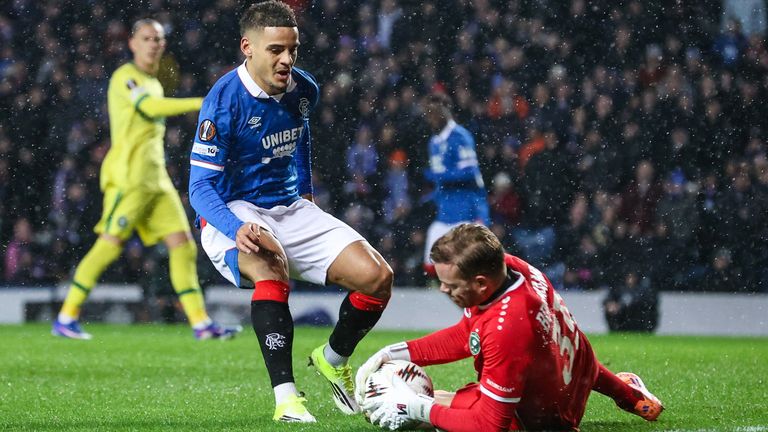 Rangers' Max Aarons' is denied by Ludogorets' Hendrik Bonmann