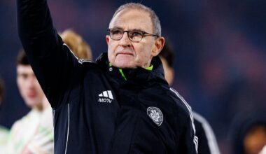 Martin O'Neill gestures to the Celtic supporters after their gutsy draw with Bologna in the Europa League after Reo Hatate was sent off