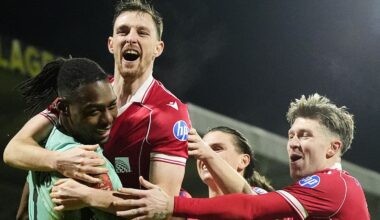 Wrexham celebrate after beating Nottingham Forest on penalties in the FA Cup third round