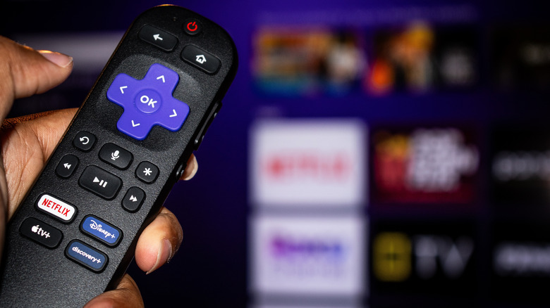 A person holding a Roku remote in front of the Roku interface as displayed on a panel.