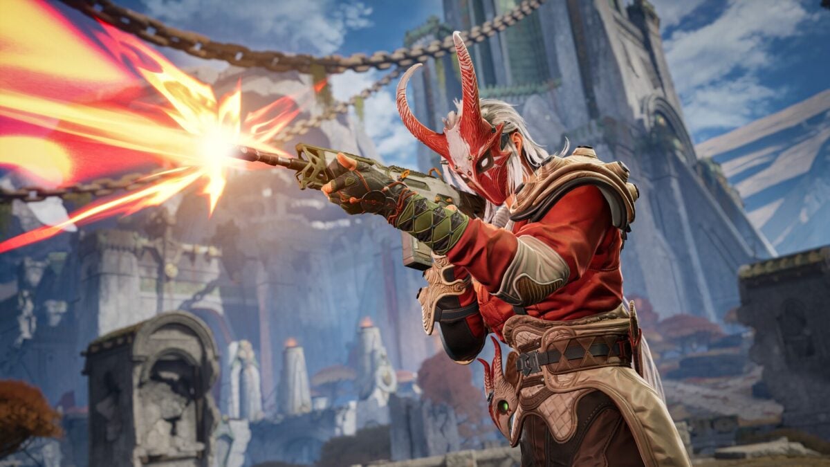 A guy in a mask shoots a rifle.