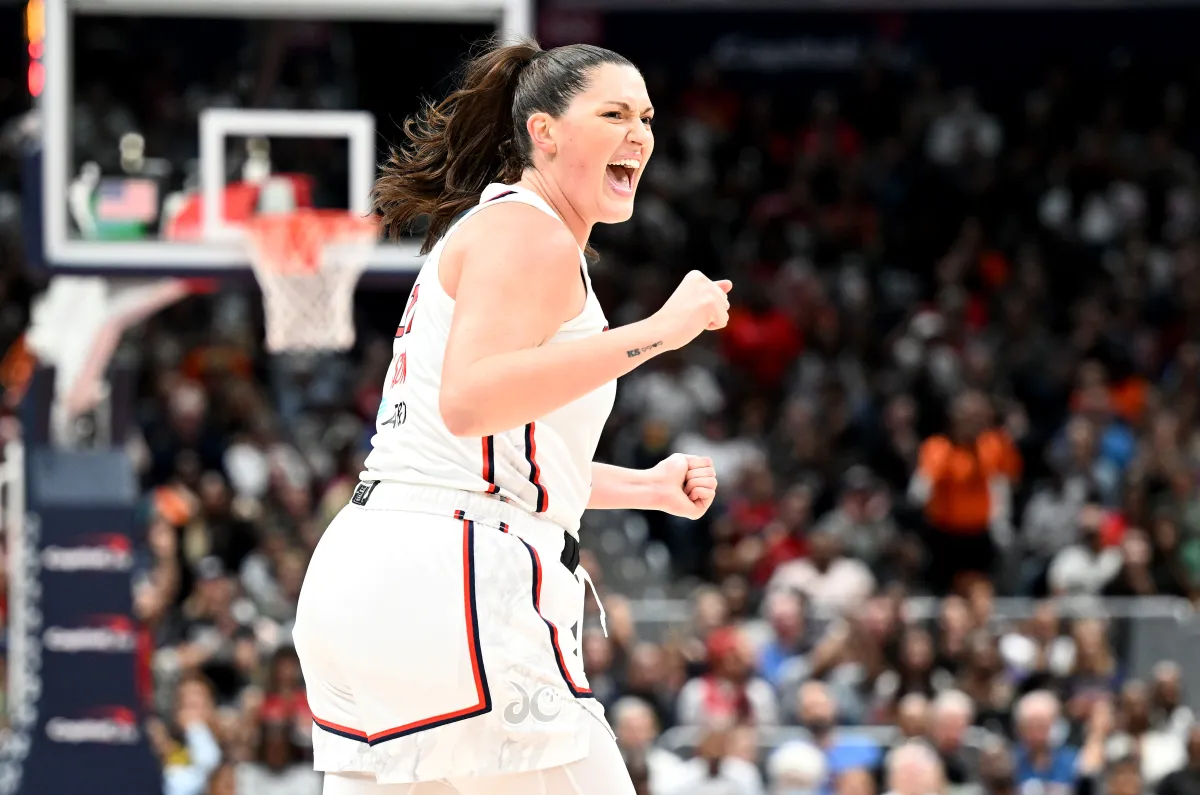 WASHINGTON, DC - SEPTEMBER 19: Stefanie Dolson #31 of the Washington Mystics celebrates during the game against the Indiana Fever at Capital One Arena on September 19, 2024 in Washington, DC