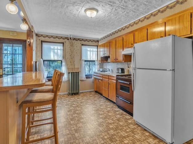 kitchen with linoleum floor, wood cabinets, open to dining