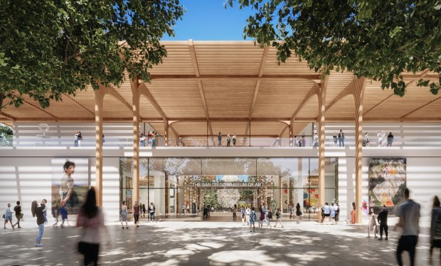 An early concept proposal for the San Diego Museum of Art's new west wing, which will be built in 2026. This perspective faces west, with a new museum entrance where Panama 66 restaurant now stands. (Foster + Partners for SDMA)