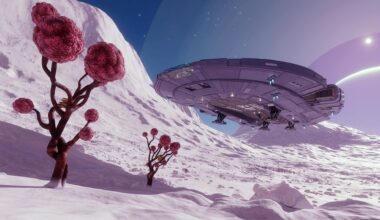 A screenshot from the game Elite Dangerous showing a snowy planet with bulbous pink trees and a spaceship landing.