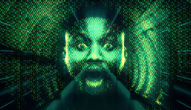 An illustration of a green "ghost in the machine," a surprised man's face with green radiating pixels.
