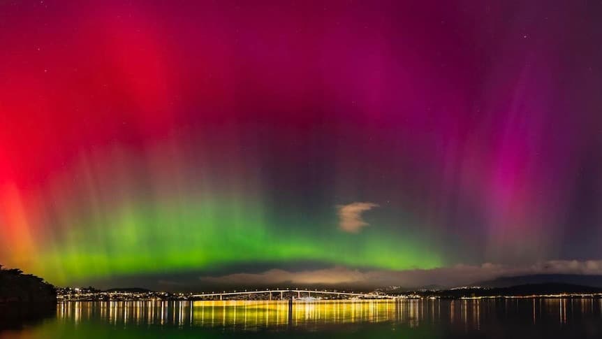 The Aurora Australis Captured Over Hobart's Tasman Bridge