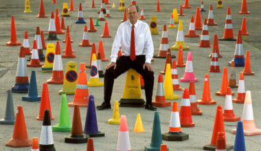 David Morgan surrounded by traffic cones