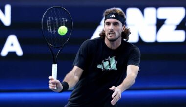 Stefanos Tsisipas during practice at the United Cup in Perth.