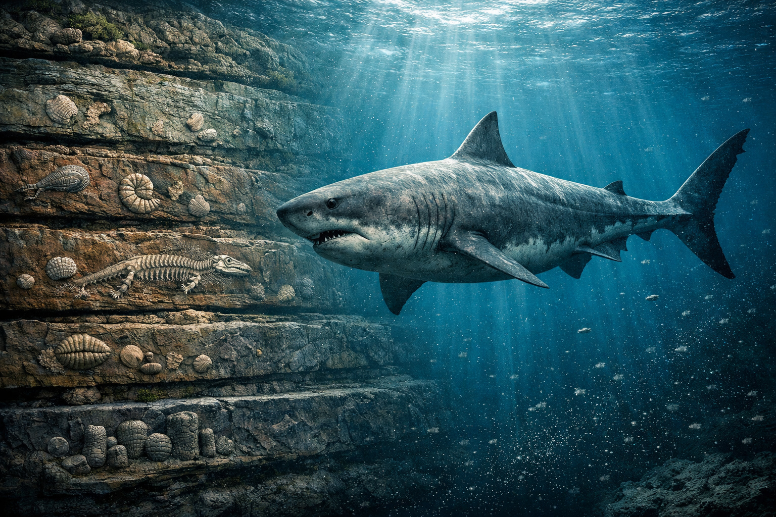 A shark swimming in the ocean symbolizes the survival of the species after five mass extinctions.