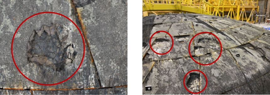 Images show the heat shield post-Artemis I mission, including cavities resulting from the loss of large chunks of the heat shield during reentry.
