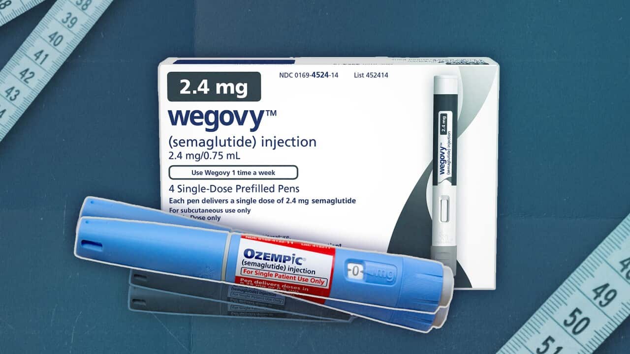A Wegovy medicine box alongside two Ozempic injectable pens against a blue background with measuring tape in the top left and bottom right corners.