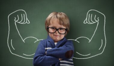 Strong biceps illustration beside smart looking boy.