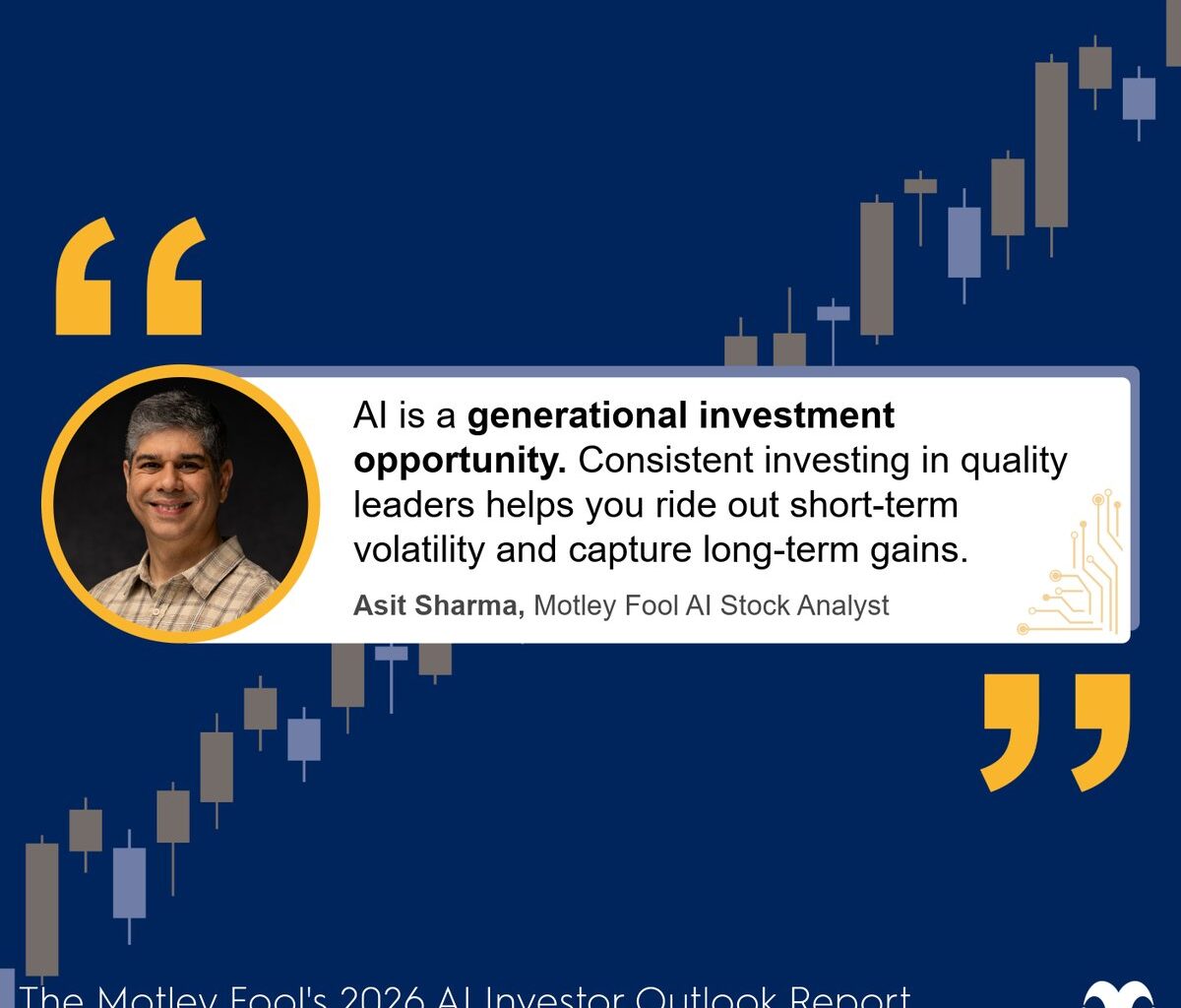 An infographic with a quote from Asit Sharma about AI being a generational investment opportunity.