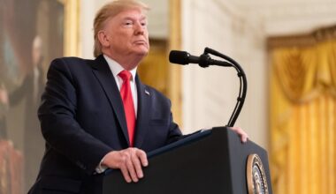 Donald Trump delivering a speech in the East Room of the White House.