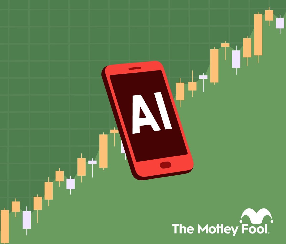 Smartphone displaying AI with a green stock chart behind.