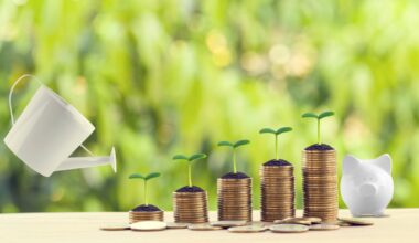 A watering can and five progressively higher stacks of coins with a plant stem growing from the top of each one.