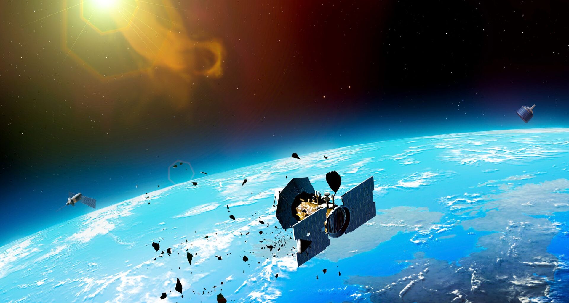 An illustration showing a metal satellite floating above Earth with metal debris strewn about it in space with the sun at the top of the image