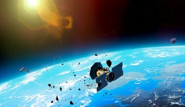 An illustration showing a metal satellite floating above Earth with metal debris strewn about it in space with the sun at the top of the image