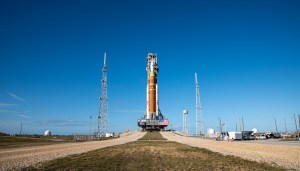 NASA's SLS rocket and Orion spacecraft as they roll out to the launch pad in preparation for the launch of Artemis II