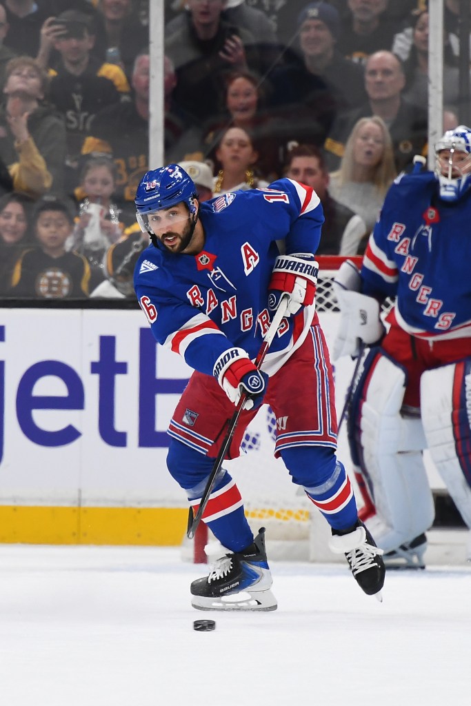 Vincent Trocheck #16 of the New York Rangers skates with the puck against the Boston Bruins at the TD Garden on January 10, 2026 in Boston, Massachusetts.