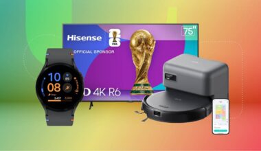 A smartwatch, TV and robot vacuum against a green and red gradient CNET background.