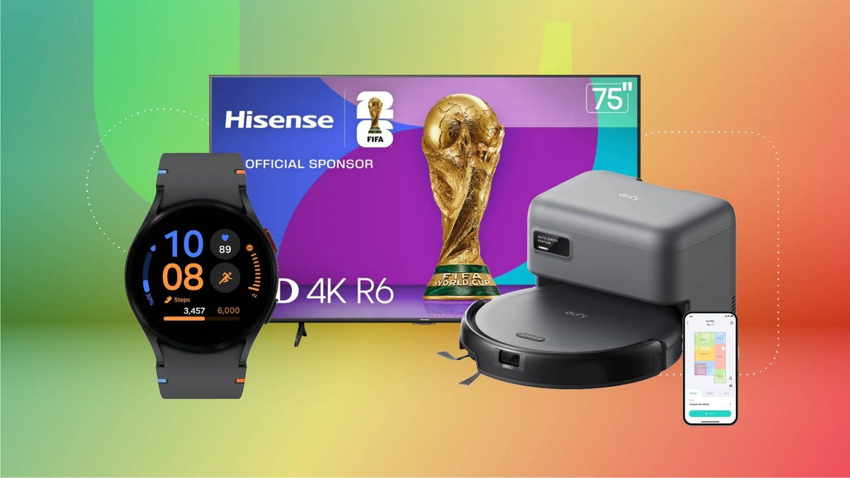 A smartwatch, TV and robot vacuum against a green and red gradient CNET background.