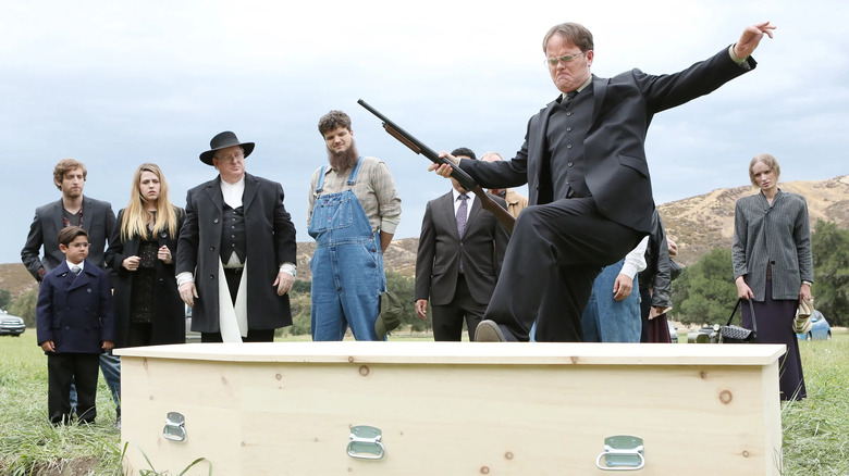 Dwight Schrute and others around Aunt Shirley's coffin on The Office (2005-2013)