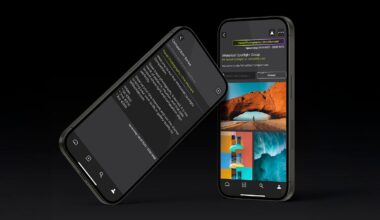 Two smartphones displaying an app with a dark theme; one shows a web search result, and the other displays a group page with landscape and architectural photos against a black background.