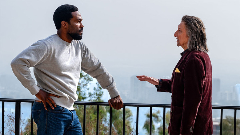 Simon Williams and Trevor Slattery talking above Hollywood in Wonder Man