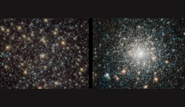 Two images of dense clusters of bright blue, white, and yellow stars in space.