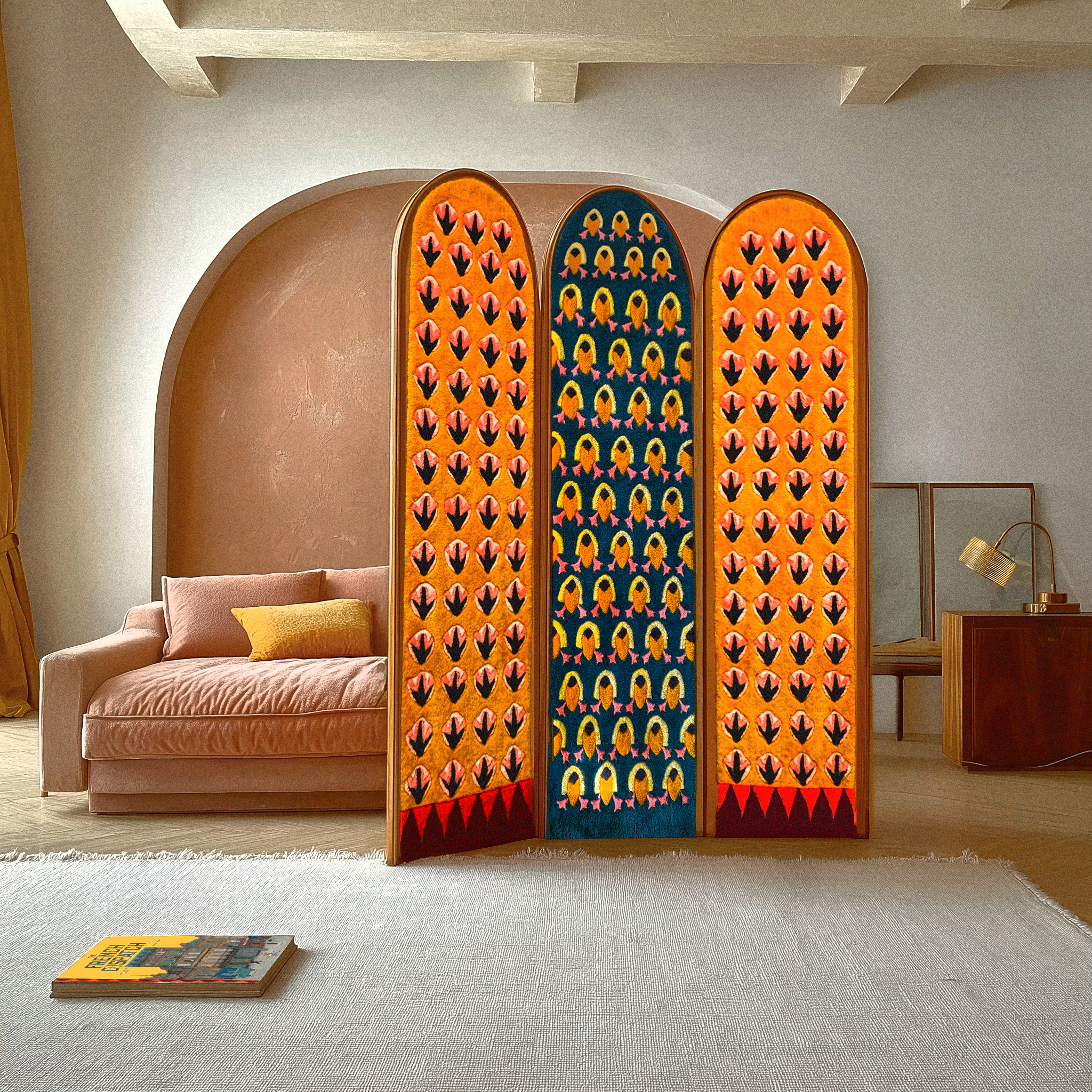 A decorative room divider with yellow and orange patterns, in a living room with a pink sofa.