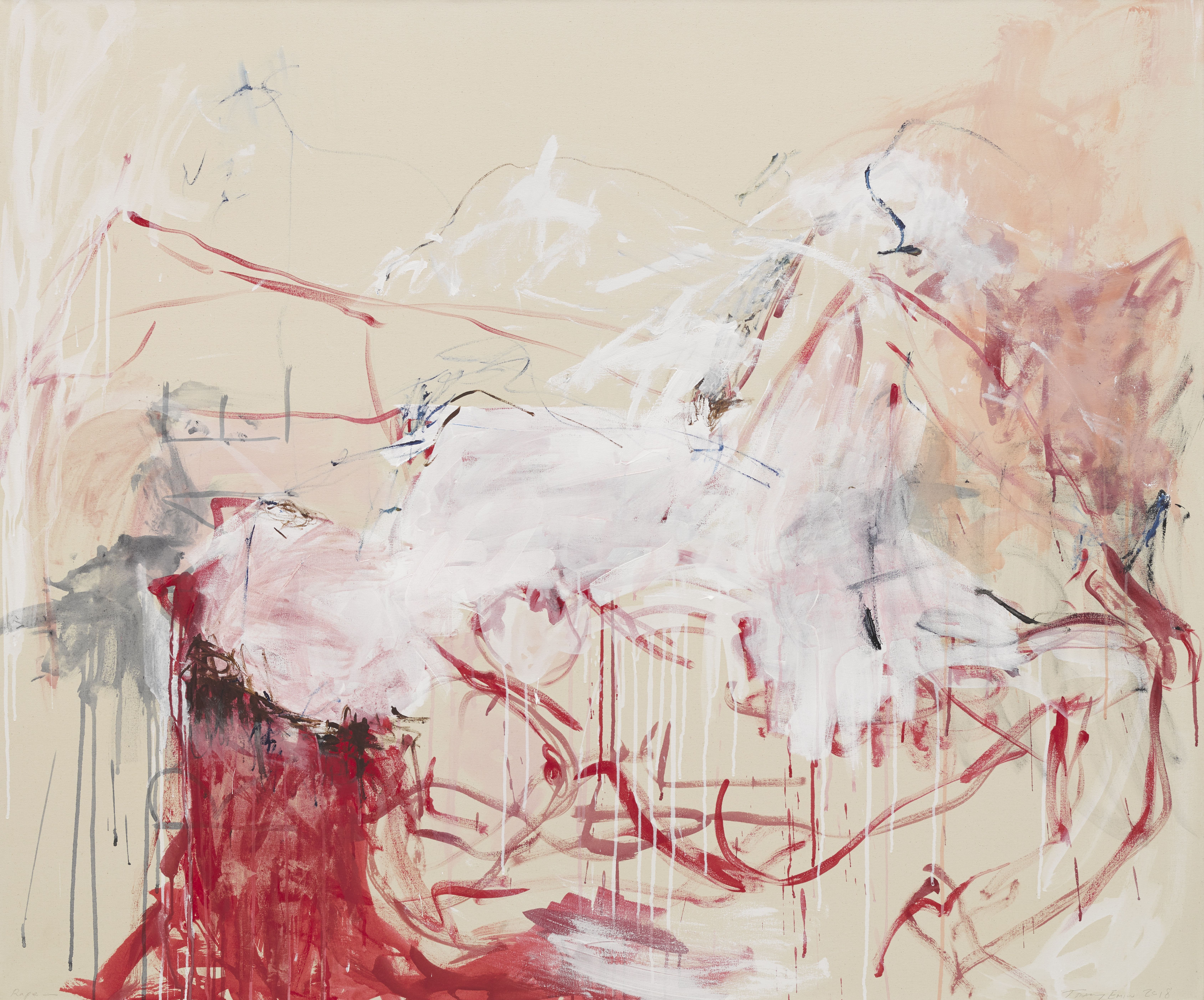 Abstract painting by Tracey Emin, "Rape" (2018), with red, white, grey, and black brushstrokes and drips on a light background.