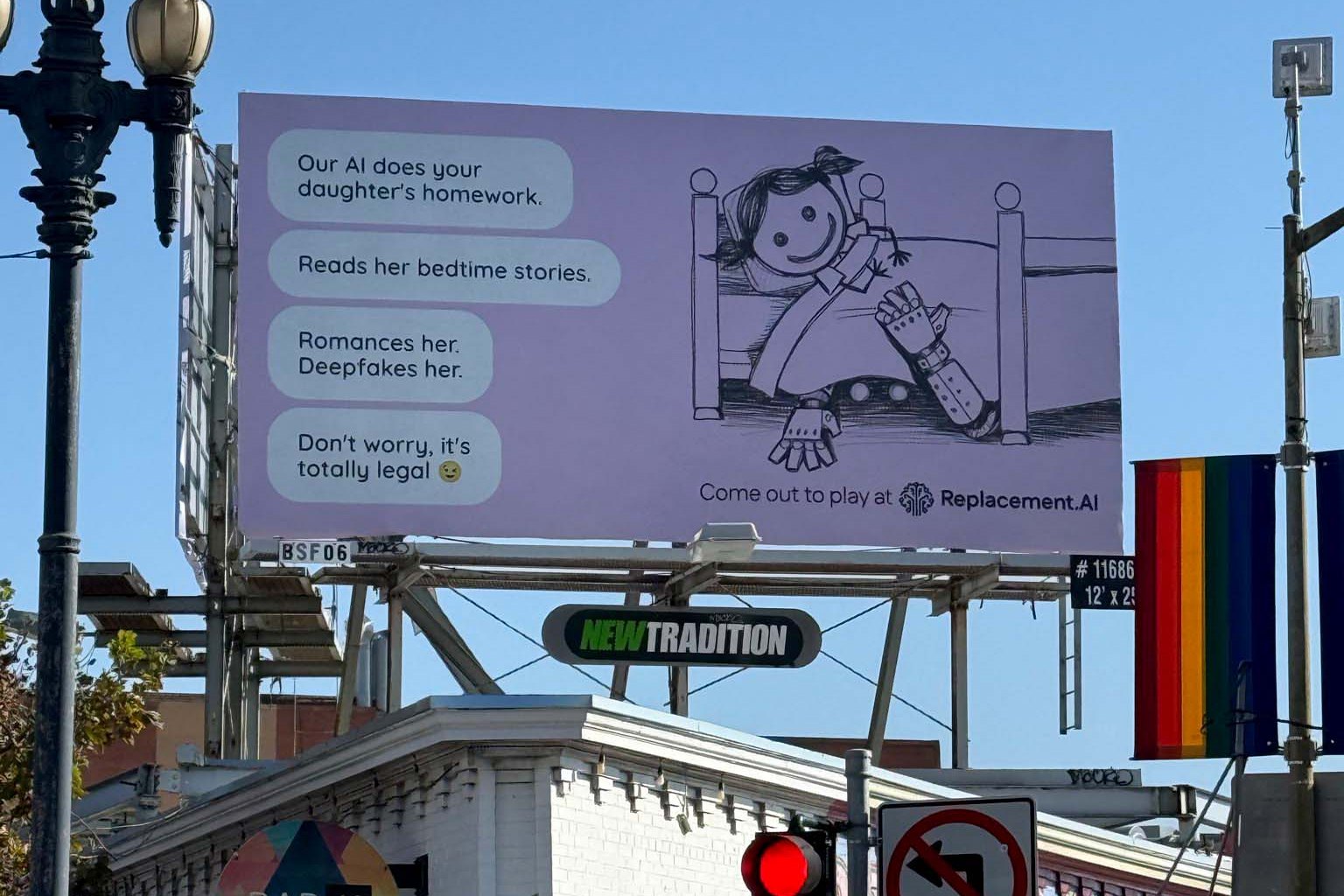 Billboard advertisement for Replacement.AI with text: "Our AI does your daughter's homework. Reads her bedtime stories. Romances her. Deepfakes her. Don't worry, it's totally legal." and an illustration of a smiling girl with robotic hands.