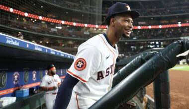 Jul 24, 2025; Houston, Texas, USA;  Houston Astros second baseman Brice Matthews (28) walks out of the dugout onto the field before the game against the Athletics at Daikin Park. Mandatory Credit: Troy Taormina-Imagn Images