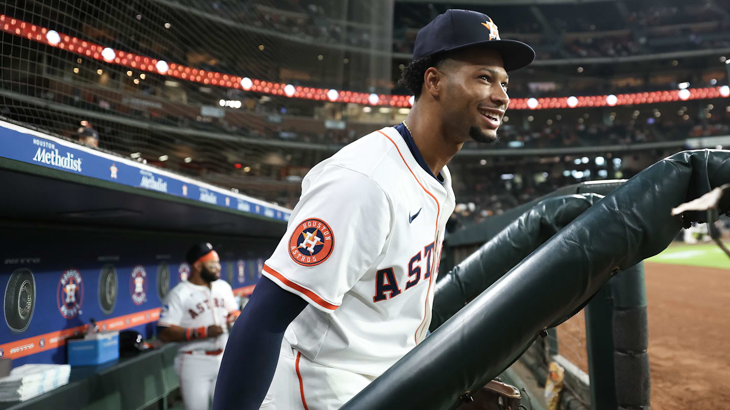 Jul 24, 2025; Houston, Texas, USA;  Houston Astros second baseman Brice Matthews (28) walks out of the dugout onto the field before the game against the Athletics at Daikin Park. Mandatory Credit: Troy Taormina-Imagn Images