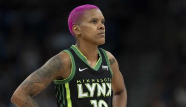 Sep 21, 2025; Minneapolis, Minnesota, USA; Minnesota Lynx guard Courtney Williams (10) looks on against the Phoenix Mercury in the first half during game one of the second round for the 2025 WNBA Playoffs at Target Center. Mandatory Credit: Jesse Johnson-Imagn Images