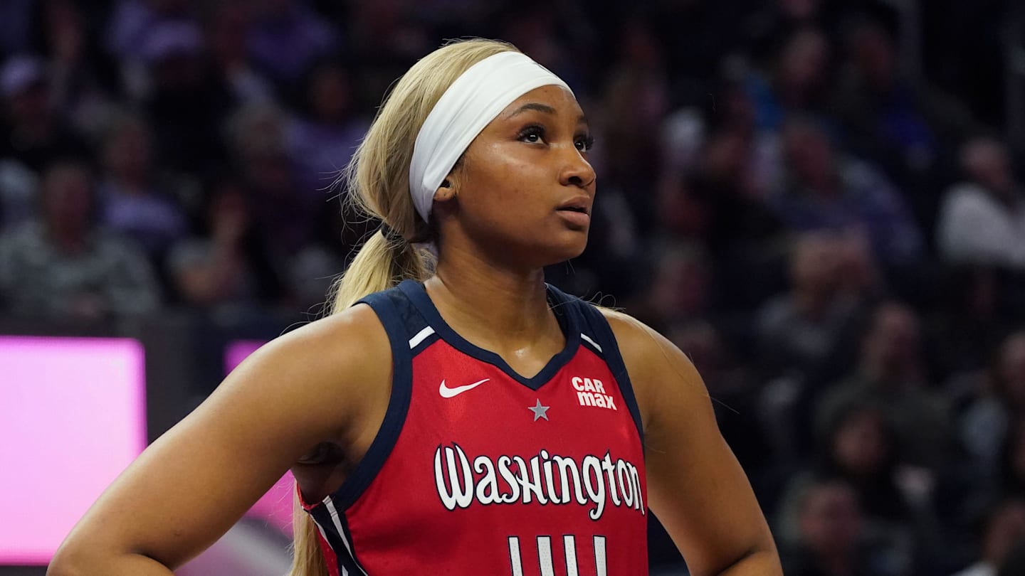 May 21, 2025; San Francisco, California, USA;  Washington Mystics forward Kiki Iriafen (44) waits for play to resume against the Golden State Valkyries at Chase Center. Mandatory Credit: David Gonzales-Imagn Images