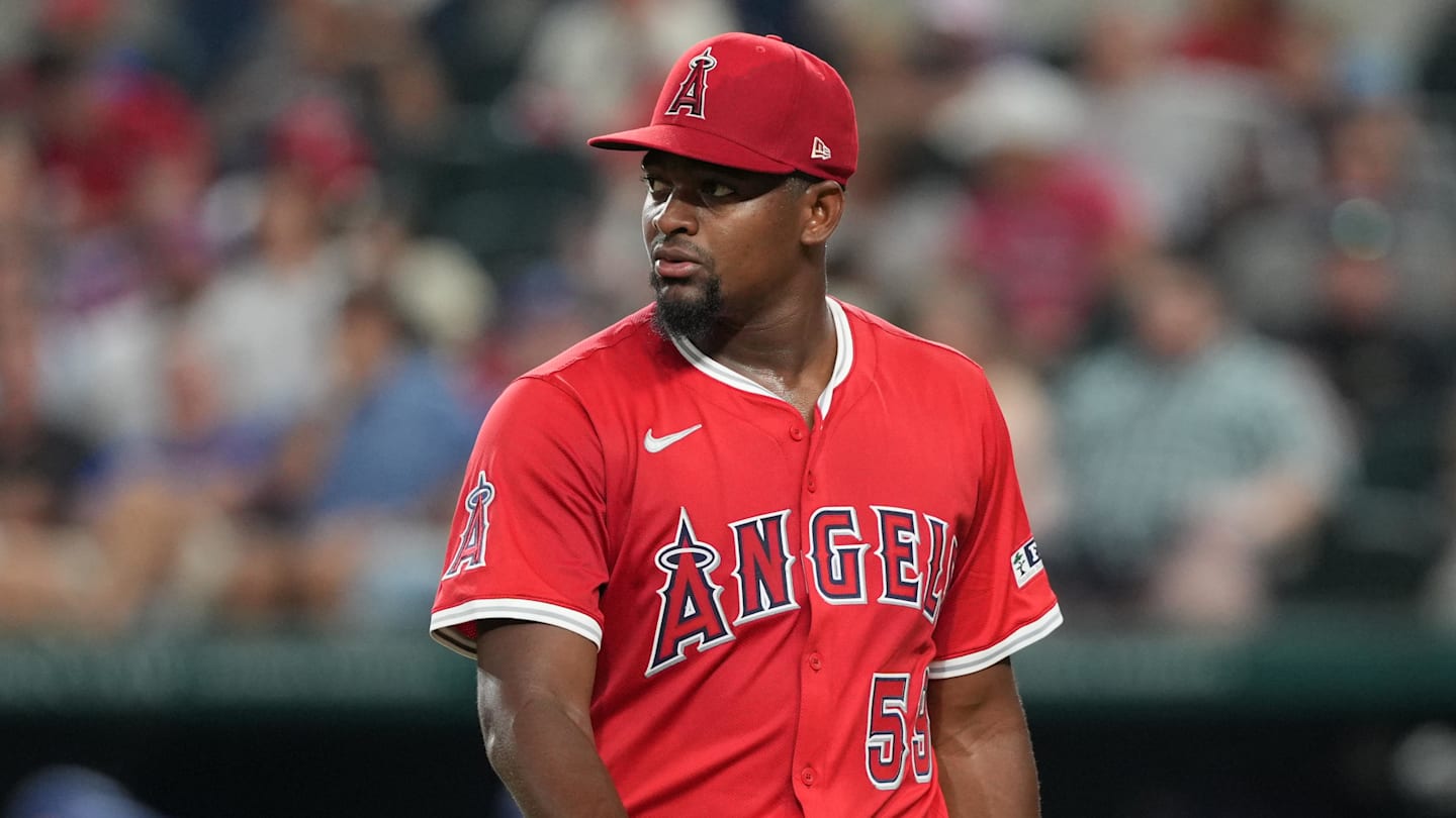 Aug 25, 2025; Arlington, Texas, USA; Los Angeles Angels starting pitcher Jose Soriano (59) leaves the game during the sixth inning against the Texas Rangers at Globe Life Field. Mandatory Credit: Jim Cowsert-Imagn Images