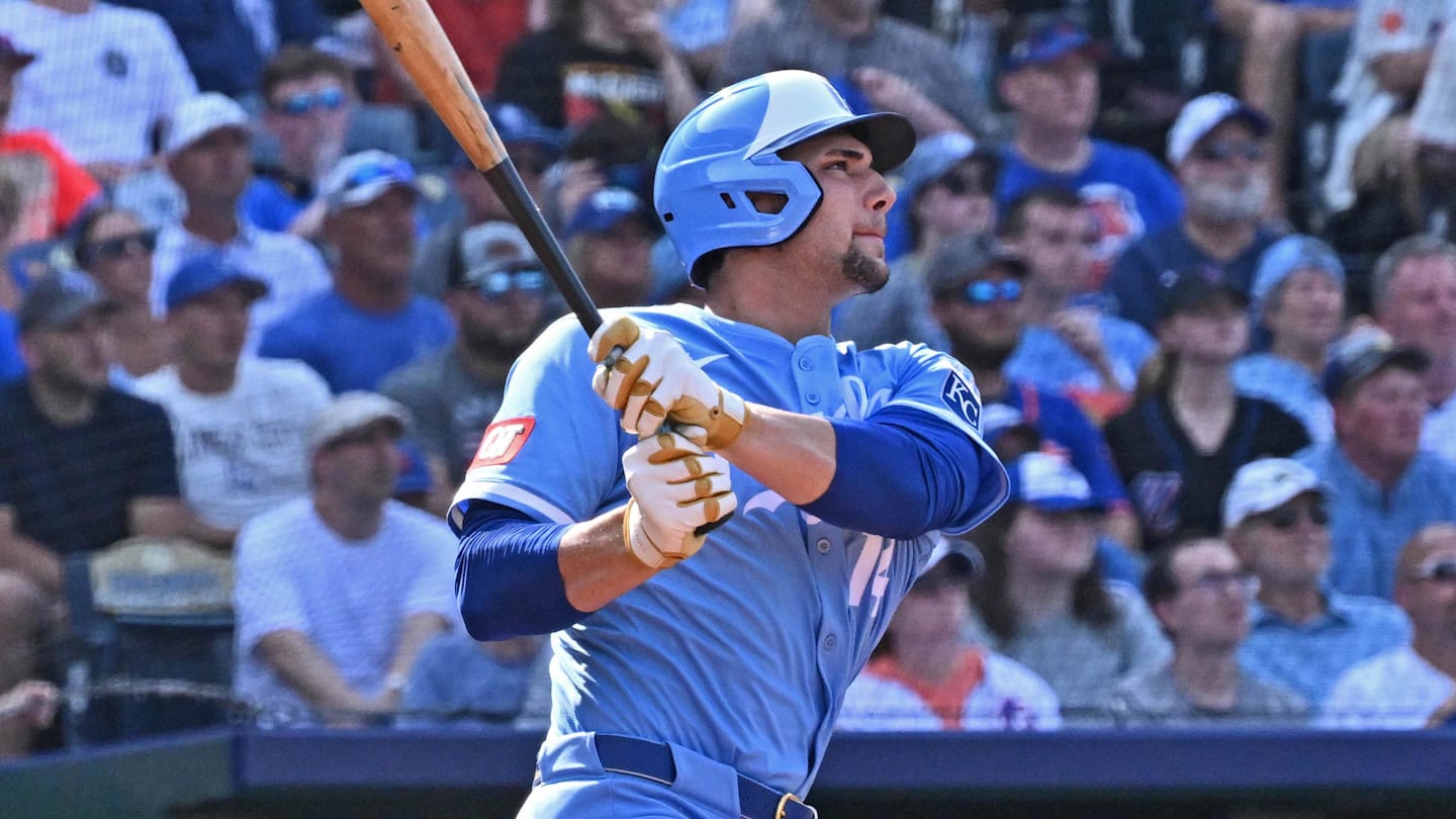 Jul 12, 2025; Kansas City, Missouri, USA;  Kansas City Royals right fielder Jac Caglianone (14) at  bat in the seventh inning against the New York Mets  at Kauffman Stadium. Mandatory Credit: Peter Aiken-Imagn Images